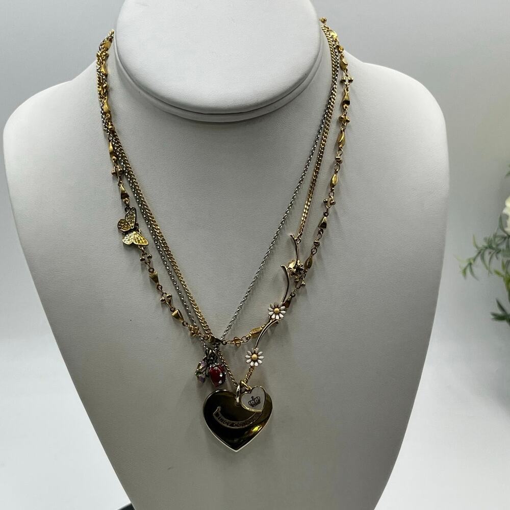 Juicy Couture Vintage Triple Strand‎ Flower Charms Heart Two Tone Necklace